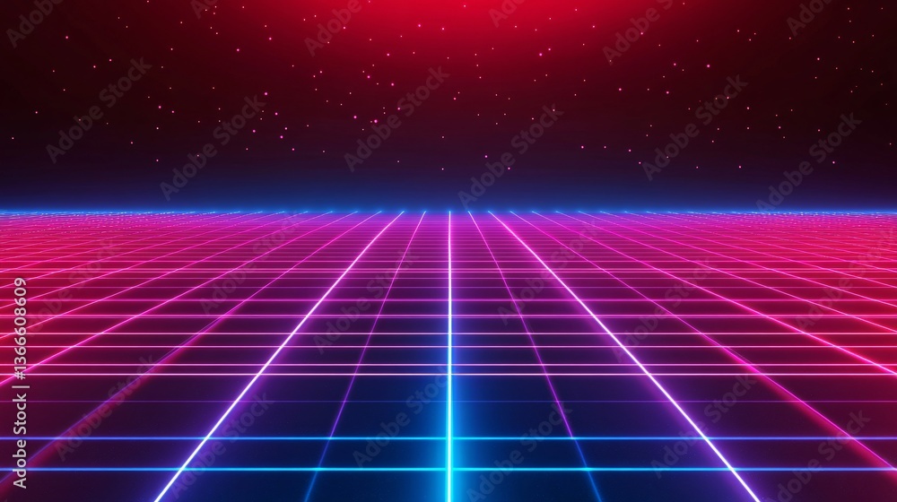 Poster glowing neon grid pattern illuminating a dark background of digital futurism