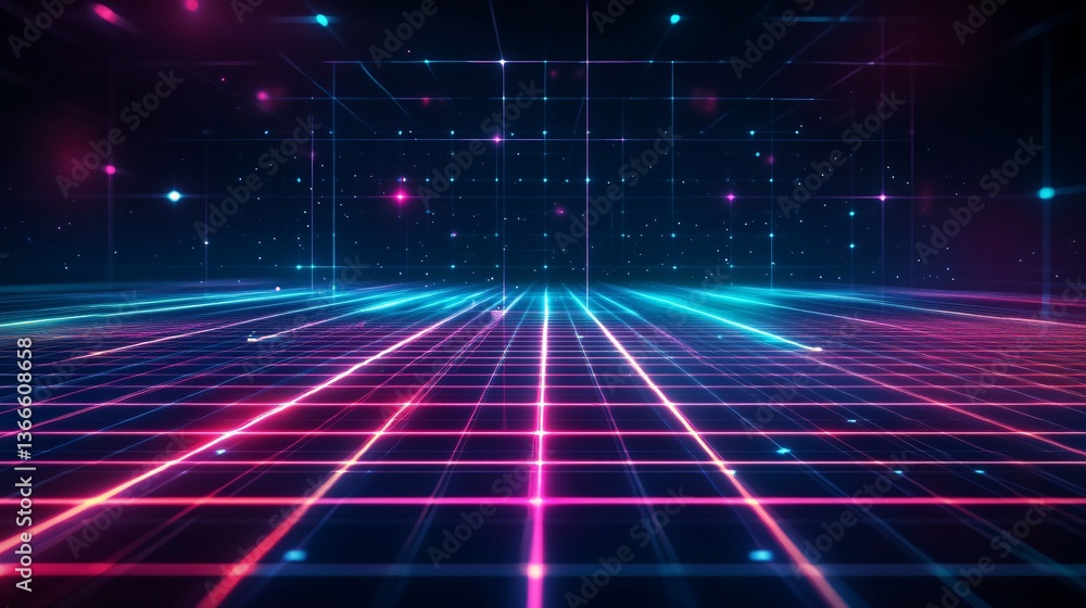 Poster vibrant neon lines creating a visual grid against a dark cyberpunk backdrop