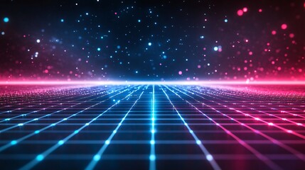 Futuristic Digital Landscape Featuring a Radiant Neon Grid on Black