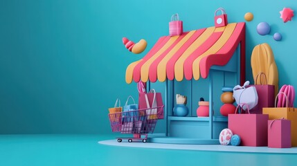 A Stylized Shop Front With Shopping Bags And A Cart