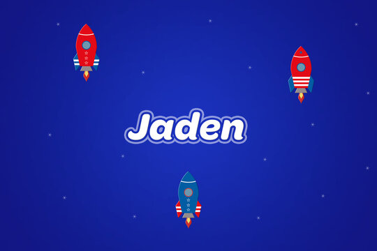 Jaden male boy name illustration in blue with rockets.