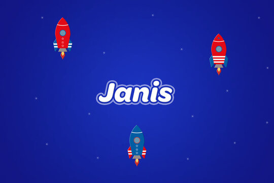 Janis male boy name illustration in blue with rockets.