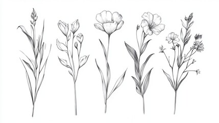 Elegant botanical sketches of delicate wildflowers in a vertical arrangement