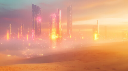 Fototapeta premium A desert with holographic mirages of futuristic buildings and glowing pathways in the sand, cyberpunk, 3d render, warm tones. Mirage Glow. Illustration