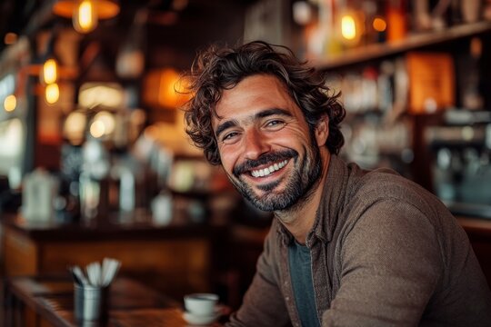 Portrait of a smiling man sitting at a bar counter in a pub