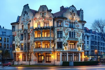 Fototapeta premium Ornate art nouveau building with floral facade illuminated at dusk in urban setting
