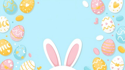 Easter Party Concept with Bunny Ears Colorful Easter Eggs Delicate Spring Flowers on a Pastel Blue Background with Copy Space for Festive Designs Greeting Cards and Holiday Invitations. Easter Holiday