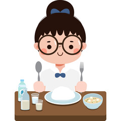 cute cartoon thai student eating food clipart character Illustration flat style