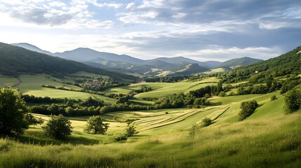 Naklejka premium Rolling green hills embrace a tranquil valley under a vibrant sky at dusk in a serene countryside landscape