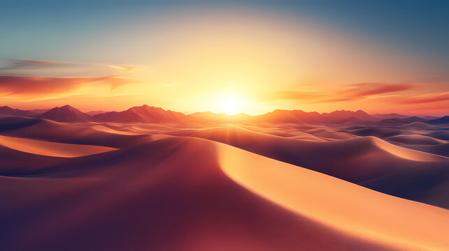 Majestic sunrise over desert mirage with dunes and glowing sunlight for background design. Mirage Glow. Illustration