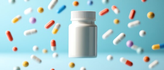 A bottle of white pills floating in midair, with vibrant, multicolored capsules scattered around on a light blue background