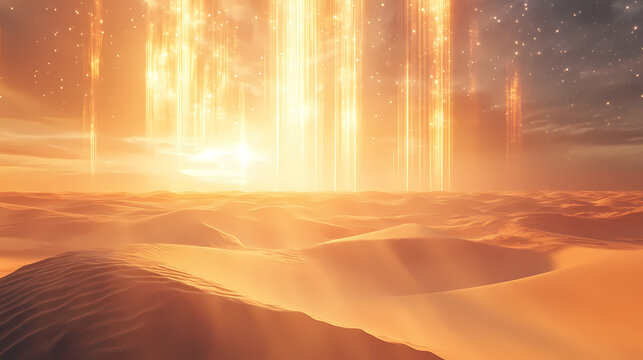 Surreal sunlit desert mirage scene with sand dunes and ethereal light beams. Mirage Glow. Illustration