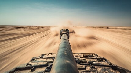 Massive tank barrel aiming aggressively in a blurred desert battlefield