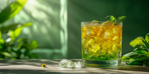 Fototapeta premium Refreshing cocktail with mint and ice in a tropical setting highlighted by natural sunlight