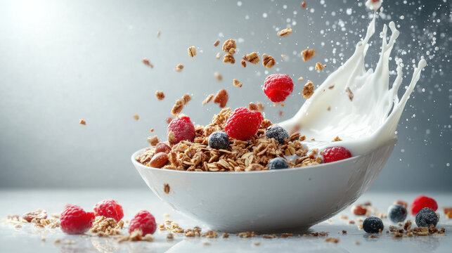 Artistic breakfast composition featuring multigrain granola with mixed nuts and fresh berries, with milk flowing into the bowl, captured mid-motion - Powered by Adobe