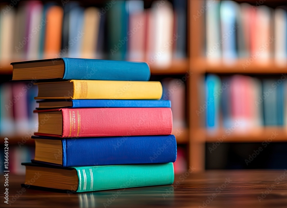 Poster stack of colorful books on wooden table in library setting