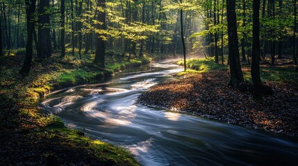 Obraz premium Serene forest stream with sunlight filtering through lush greenery