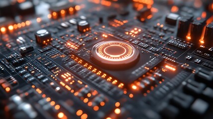 A detailed glowing photograph of a computer motherboard circuit