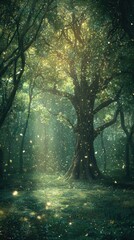 Fototapeta premium Serene forest with sunlight filtering through lush green foliage and magical atmosphere