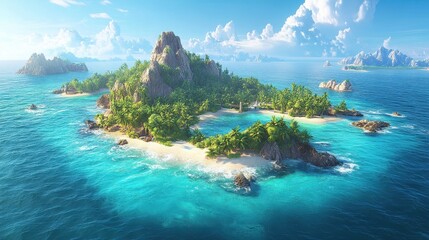 Fototapeta premium Tropical island in turquoise ocean with lush palm trees and clear blue sky