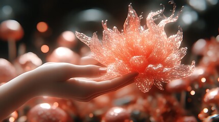 A delicate hand gently holds a shimmering abstract floral creation