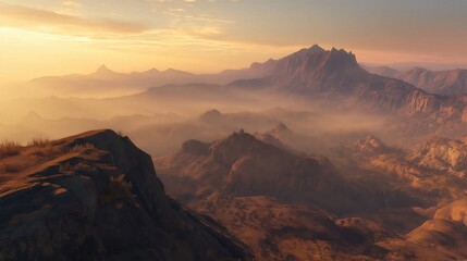 Naklejka premium Serene sunset landscape with rolling hills, misty mountains, and rocky terrain