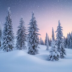 Obraz premium Serene winter landscape with snow-covered evergreen trees and pink-blue sky