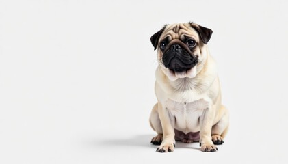 Fototapeta premium Adorable pug dog sits alone against pure white background, charming, face