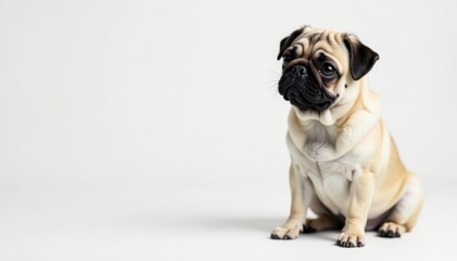 Adorable pug dog sits alone against white backdrop , canine, cute dog