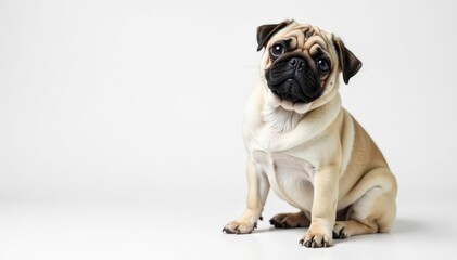 Obraz premium Adorable pug dog sits alone against white backdrop, studio shot, animal photography
