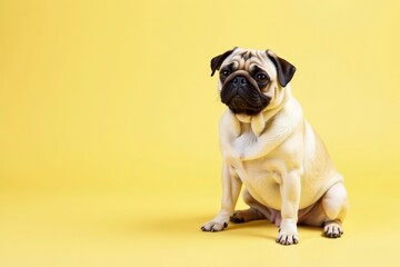 Adorable pug dog sits alone against white background, closeup, dog