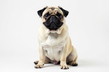 Adorable pug dog sitting, isolated on white background, breed, animal