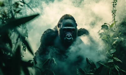 Obraz premium A majestic gorilla standing in a misty and green forest environment