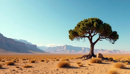 A lone cedars tree dominates the desolate landscape, isolated, desert