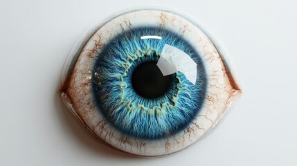 Ultra-realistic close-up of a blue human eye with detailed iris and veins on white background