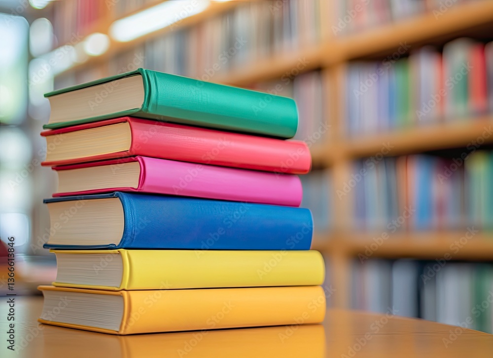 Poster stack of colorful books on a table in library setting still life