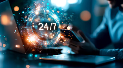 24/7 Digital Connectivity: A person, engrossed in their devices, is immersed in a dynamic digital environment, symbolizing constant accessibility and seamless support.