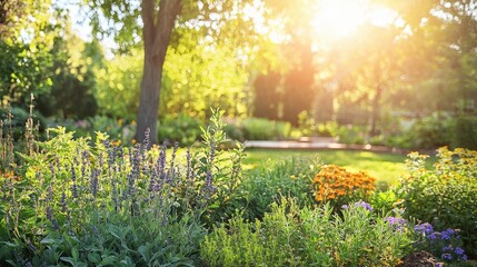 Sunlit garden with vibrant flowers and lush greenery under shady tree