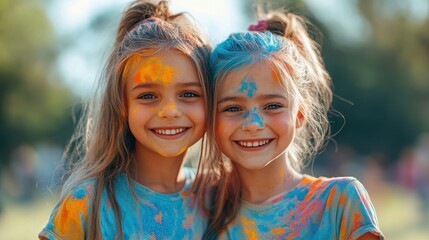 Two young girls smiling with painted faces during color festival outdoors