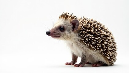 A single hedgehog, facing right, against a stark white backdrop, pet, image