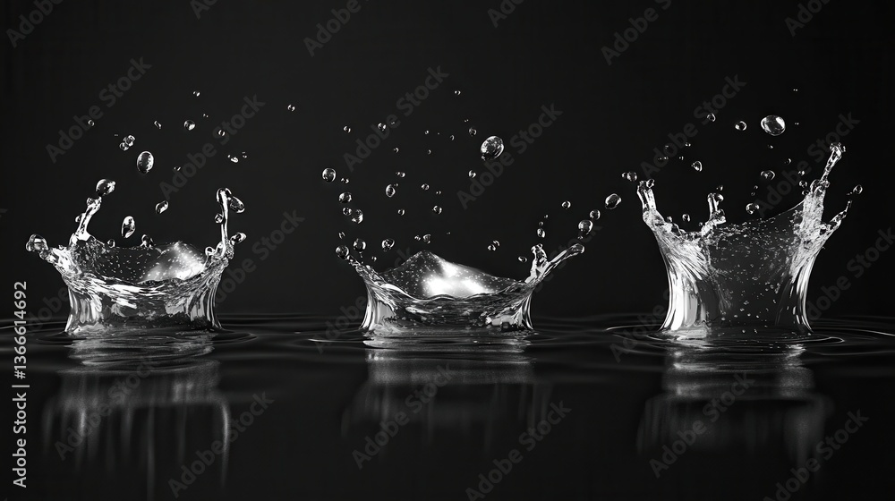 Poster three water splashes in motion on black background capturing dynamic fluid shapes and droplets