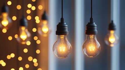 Glowing light bulbs hanging with warm ambient bokeh in the background