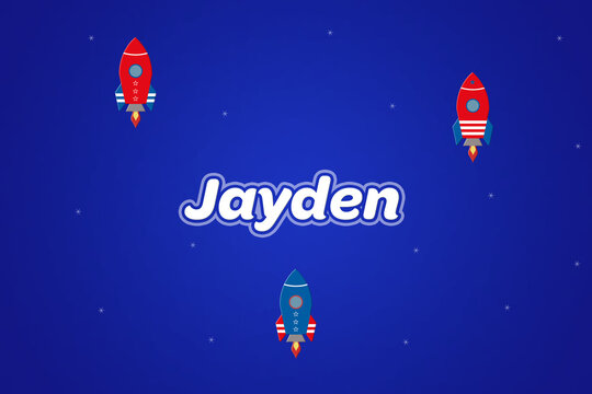 Jayden male boy name illustration in blue with rockets.
