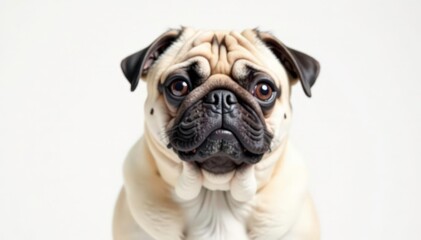 A solo pug, showcasing its endearing features on a stark white backdrop, wrinkled, small dog