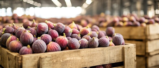 Wooden crates overflowing with fresh figs in a large warehouse