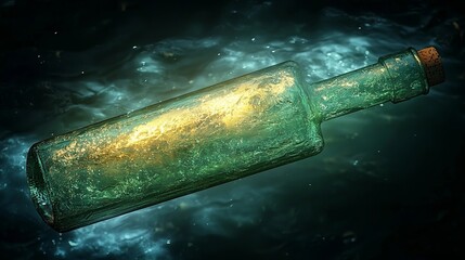 Old antique glass bottle with cork floating on ocean water.