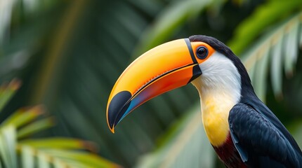 Fototapeta premium Colorful Toucan in Profile Against Blurred Tropical Background - High-Resolution Stock Photo