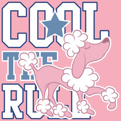 A French poodle puppy design with a college-style text embellishment, pastel colors, and patch numbers. A school and fashion design for multiple uses.