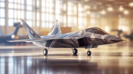 High-Tech Stealth Fighter Jet Camouflaged for Military Operations at a Blurred Base
