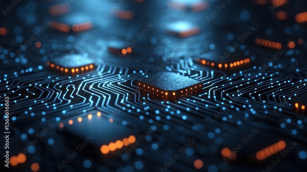 Poster abstract circuit board: glowing microchips and digital pathways